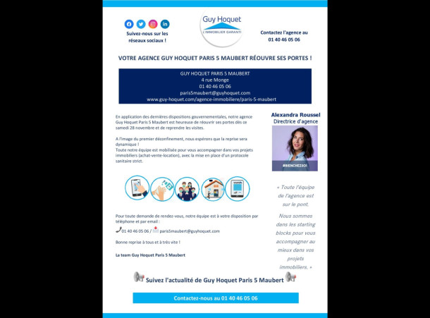 Guy Hoquet Paris 5 Maubert réouvre ses portes le samedi 28 novembre